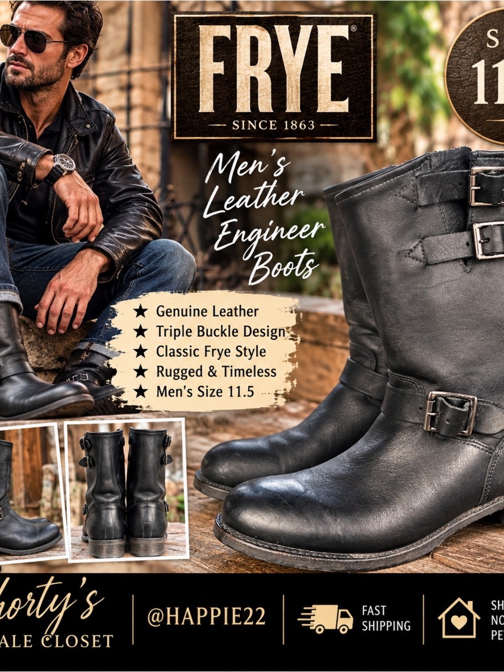 Frye Black Leather Engineer Boots with Triple Buckles